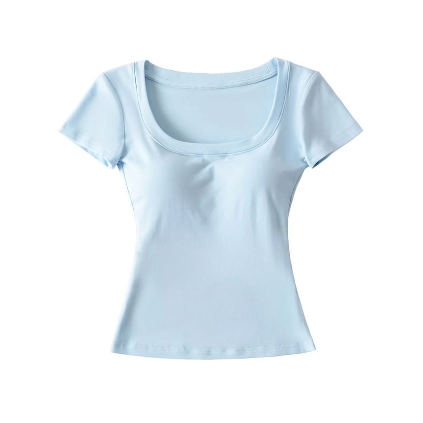 Plain Padded Scoop-Neck Short-Sleeved Cropped T-Shirt