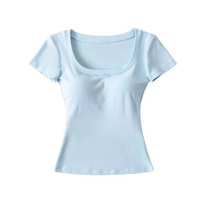 Plain Padded Scoop-Neck Short-Sleeved Cropped T-Shirt