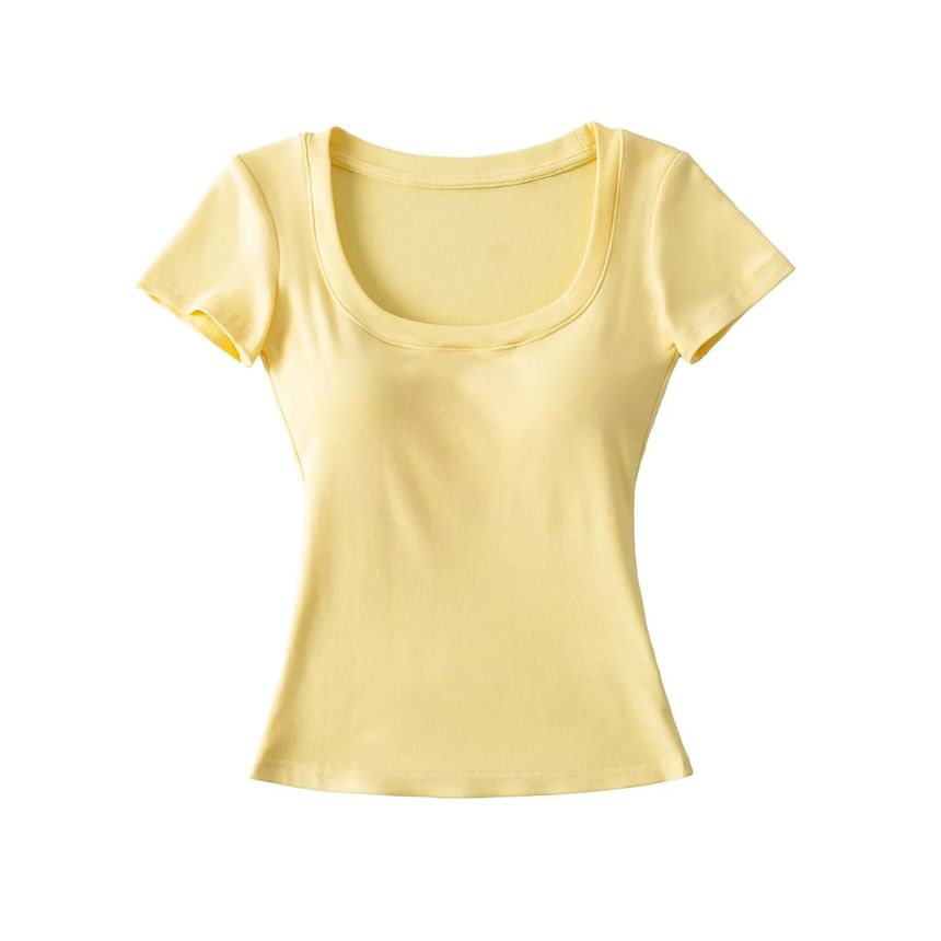 Plain Padded Scoop-Neck Short-Sleeved Cropped T-Shirt