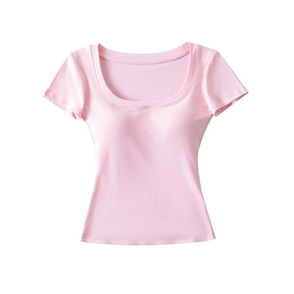 Plain Padded Scoop-Neck Short-Sleeved Cropped T-Shirt