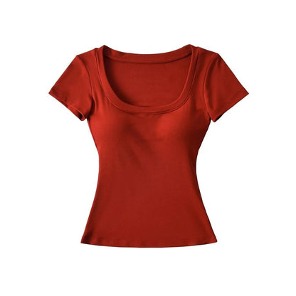 Plain Padded Scoop-Neck Short-Sleeved Cropped T-Shirt