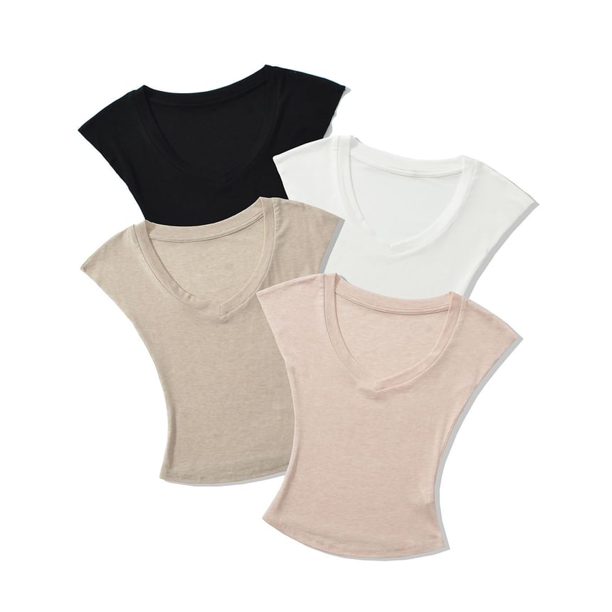 Plain Slim-Fit Cropped V-Neck Cap-Sleeved Tee