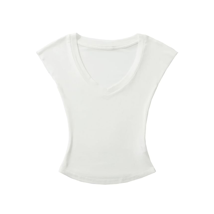 Plain Slim-Fit Cropped V-Neck Cap-Sleeved Tee