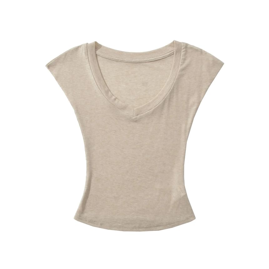 Plain Slim-Fit Cropped V-Neck Cap-Sleeved Tee
