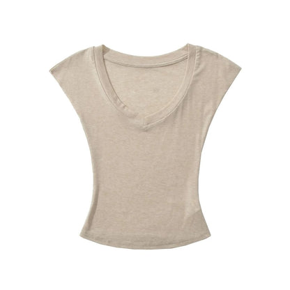 Plain Slim-Fit Cropped V-Neck Cap-Sleeved Tee