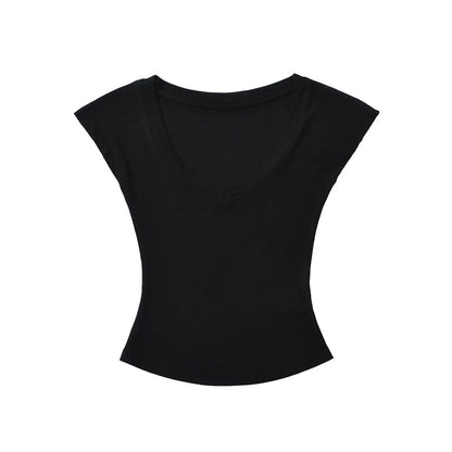 Plain Slim-Fit Cropped V-Neck Cap-Sleeved Tee