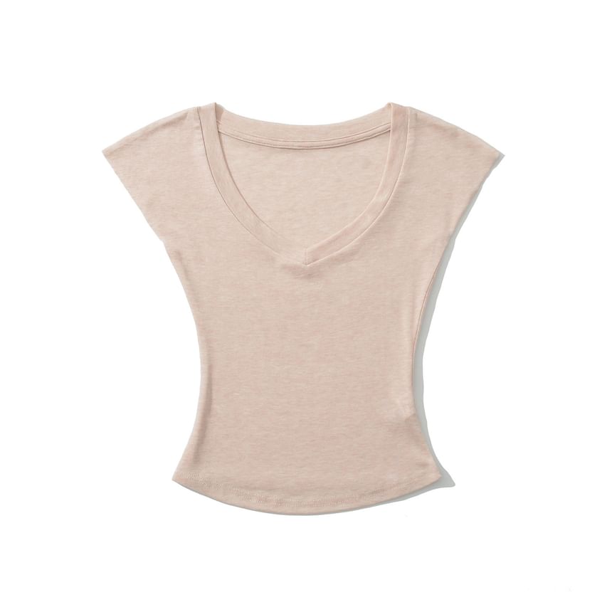 Plain Slim-Fit Cropped V-Neck Cap-Sleeved Tee