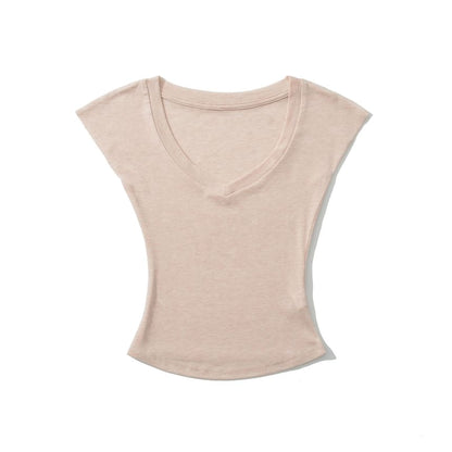 Plain Slim-Fit Cropped V-Neck Cap-Sleeved Tee