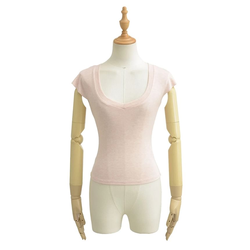 Plain Slim-Fit Cropped V-Neck Cap-Sleeved Tee