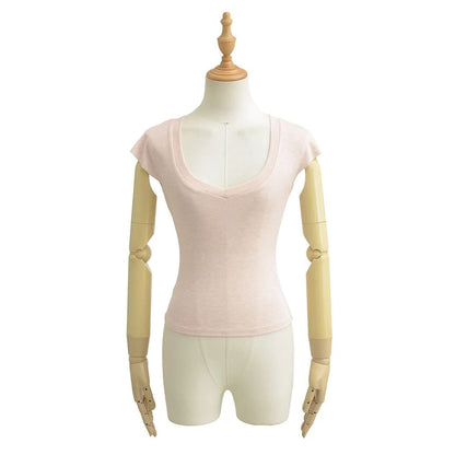 Plain Slim-Fit Cropped V-Neck Cap-Sleeved Tee