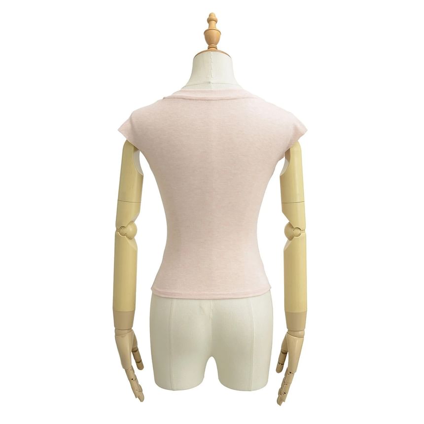 Plain Slim-Fit Cropped V-Neck Cap-Sleeved Tee