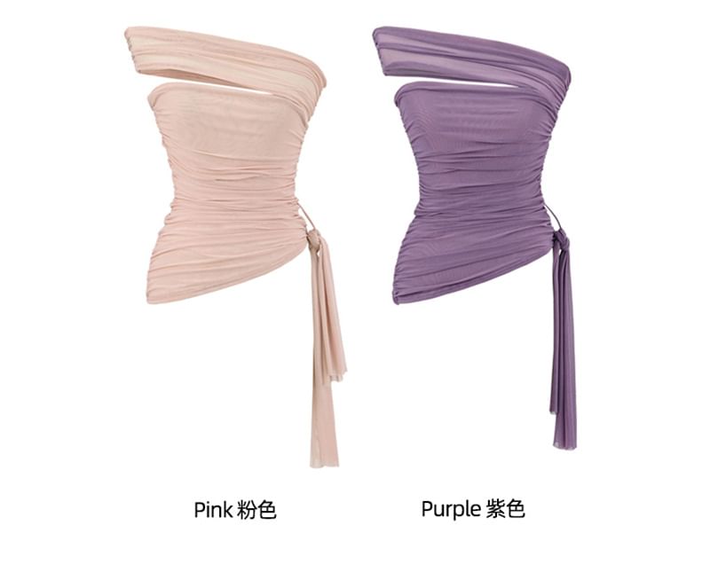 Plain Off-Shoulder Asymmetrical Ruched Mesh Cropped Top
