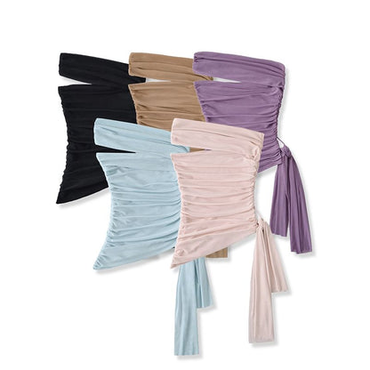 Plain Off-Shoulder Asymmetrical Ruched Mesh Cropped Top