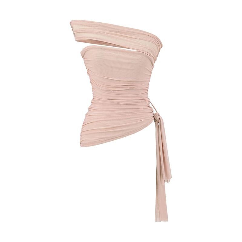 Plain Off-Shoulder Asymmetrical Ruched Mesh Cropped Top