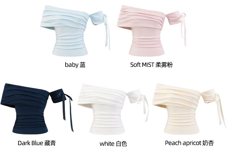 Plain Ruched Off-Shoulder Asymmetric Cropped Mini Top