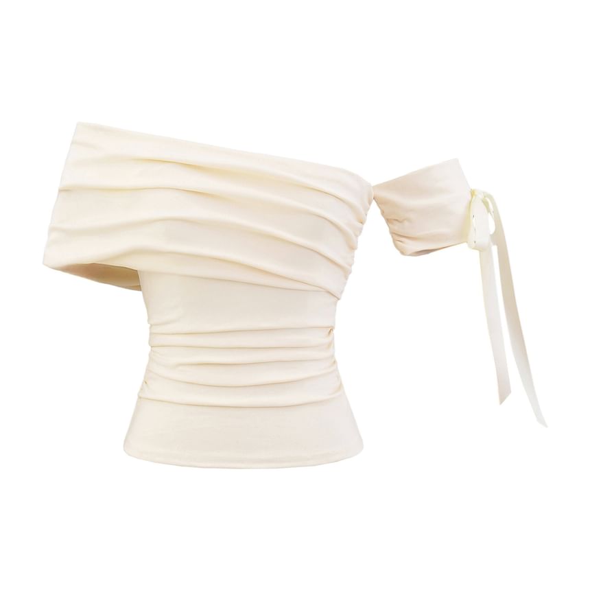 Plain Ruched Off-Shoulder Asymmetric Cropped Mini Top
