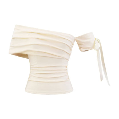 Plain Ruched Off-Shoulder Asymmetric Cropped Mini Top