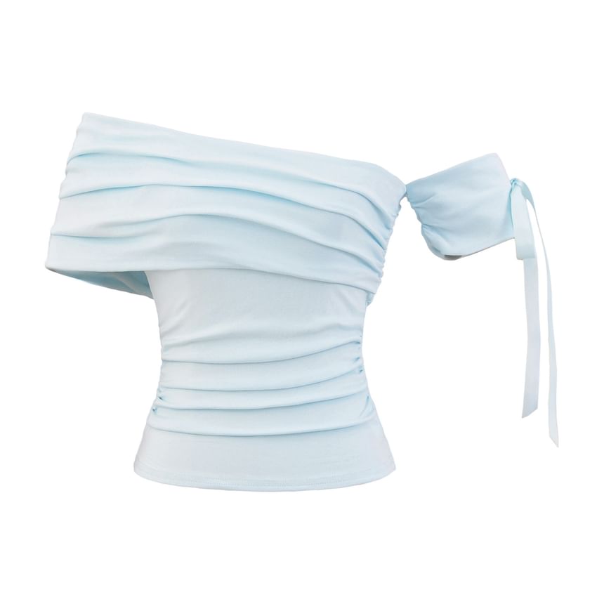 Plain Ruched Off-Shoulder Asymmetric Cropped Mini Top