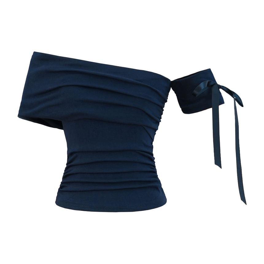 Plain Ruched Off-Shoulder Asymmetric Cropped Mini Top