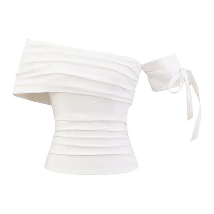 Plain Ruched Off-Shoulder Asymmetric Cropped Mini Top