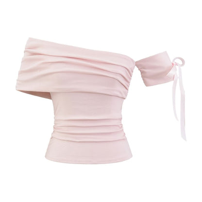 Plain Ruched Off-Shoulder Asymmetric Cropped Mini Top