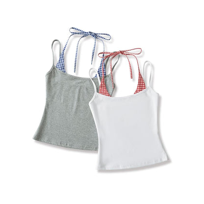 Gingham Panel Mock Two-Piece Halter-Neck Slim-Fit Cropped Top