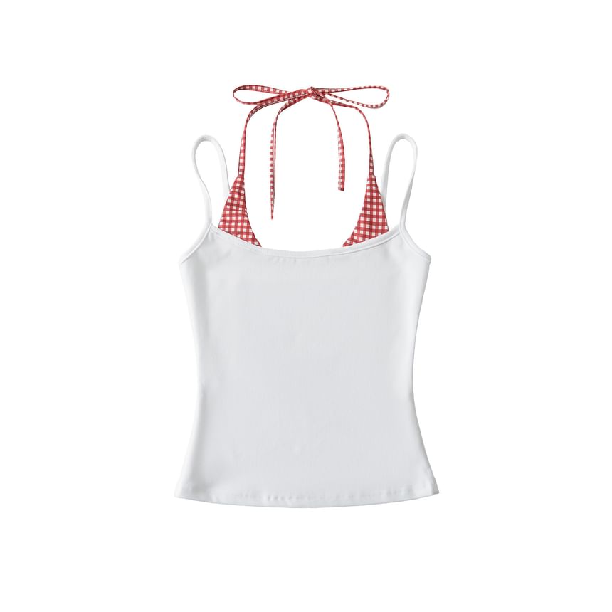 Gingham Panel Mock Two-Piece Halter-Neck Slim-Fit Cropped Top