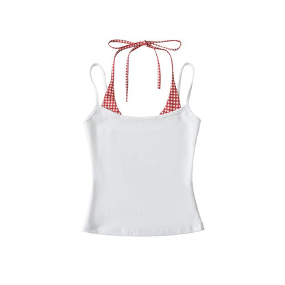 Gingham Panel Mock Two-Piece Halter-Neck Slim-Fit Cropped Top
