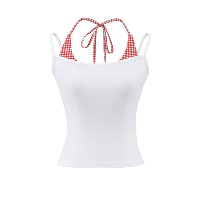 Gingham Panel Mock Two-Piece Halter-Neck Slim-Fit Cropped Top