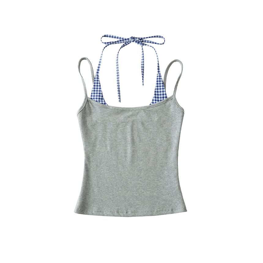 Gingham Panel Mock Two-Piece Halter-Neck Slim-Fit Cropped Top
