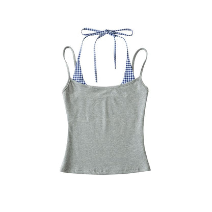 Gingham Panel Mock Two-Piece Halter-Neck Slim-Fit Cropped Top