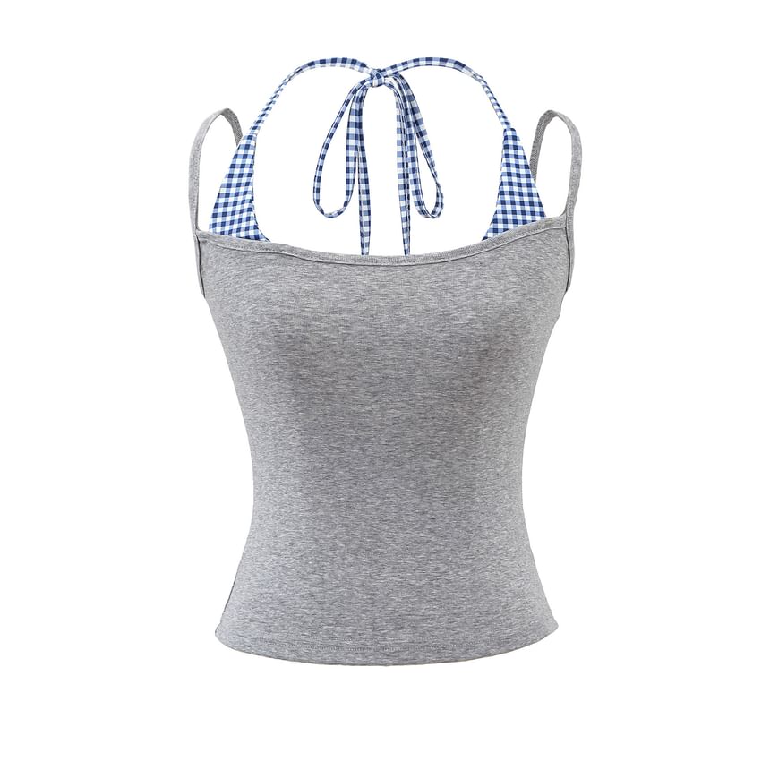 Gingham Panel Mock Two-Piece Halter-Neck Slim-Fit Cropped Top