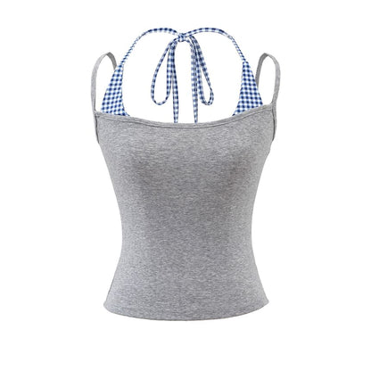 Gingham Panel Mock Two-Piece Halter-Neck Slim-Fit Cropped Top