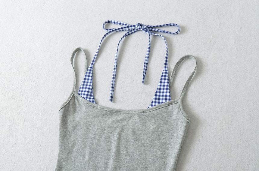 Gingham Panel Mock Two-Piece Halter-Neck Slim-Fit Cropped Top