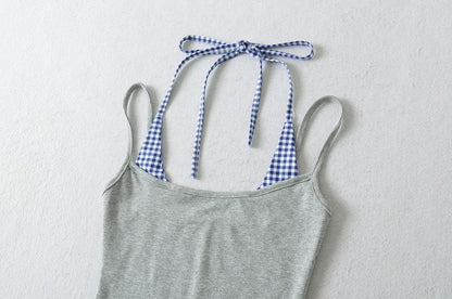 Gingham Panel Mock Two-Piece Halter-Neck Slim-Fit Cropped Top