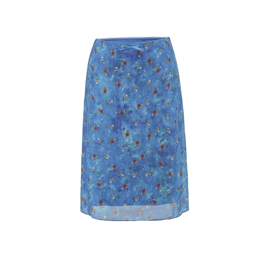 Patterned Mesh A-Line Skirt with High Waist