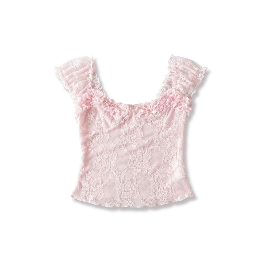 Lace Off-Shoulder Short-Sleeved Frill-Trim Cropped Top