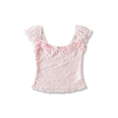 Lace Off-Shoulder Short-Sleeved Frill-Trim Cropped Top