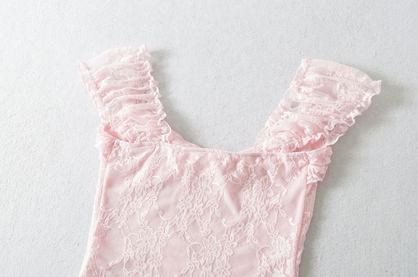 Lace Off-Shoulder Short-Sleeved Frill-Trim Cropped Top