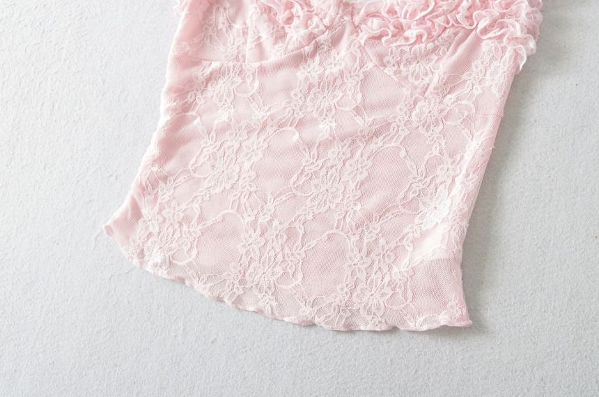 Lace Off-Shoulder Short-Sleeved Frill-Trim Cropped Top