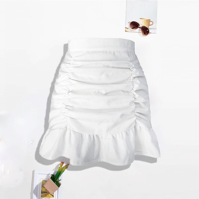 Ruched Mini Pencil Skirt with Ruffle Hem