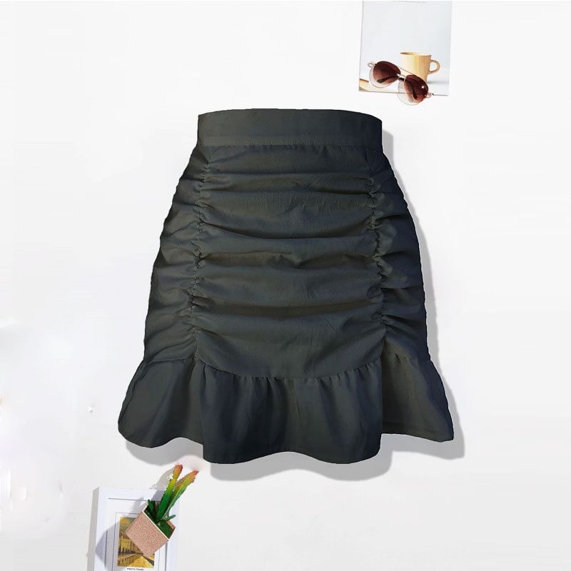 Ruched Mini Pencil Skirt with Ruffle Hem
