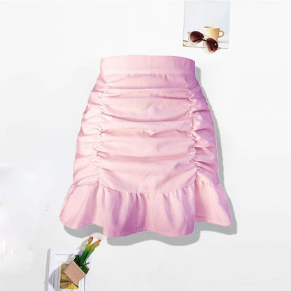 Ruched Mini Pencil Skirt with Ruffle Hem