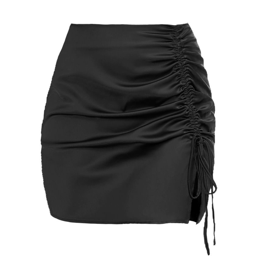 Satin Mini Pencil Skirt with Drawstring Waist