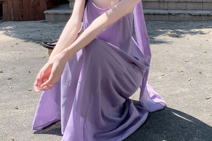 Spaghetti Strap Maxi Tunic Dress with Scarf Set - Altfashion Shop