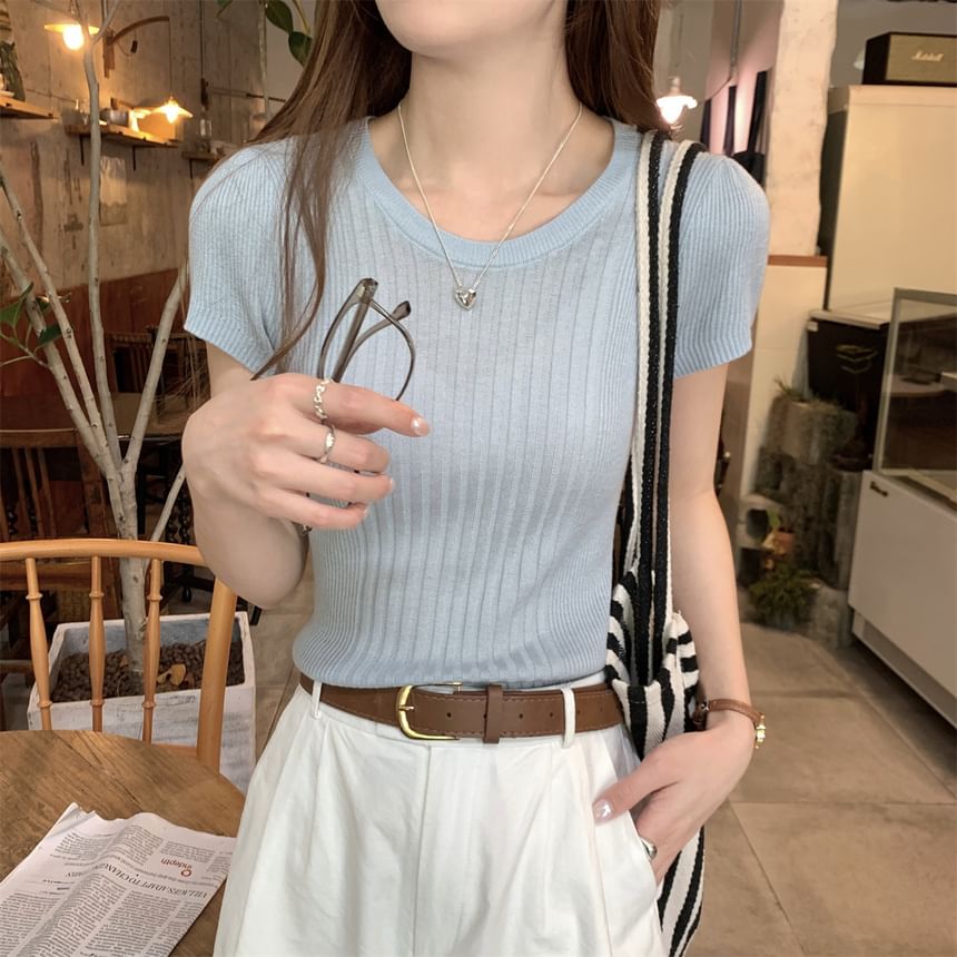 Ribbed Knit Plain Crew-Neck Short-Sleeved Top