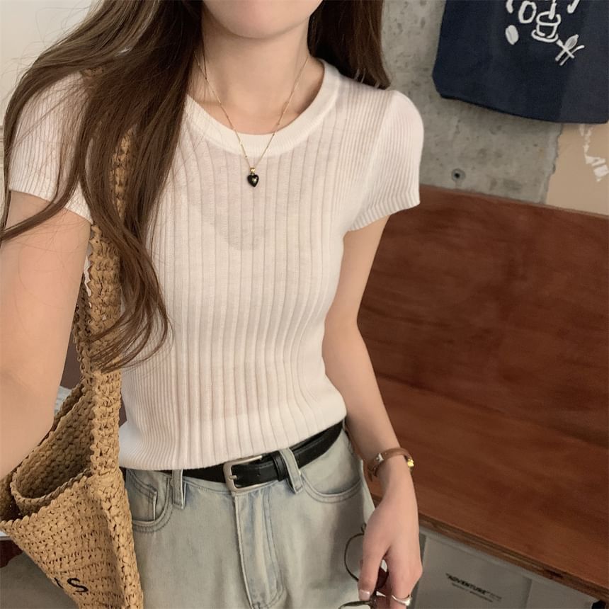 Ribbed Knit Plain Crew-Neck Short-Sleeved Top
