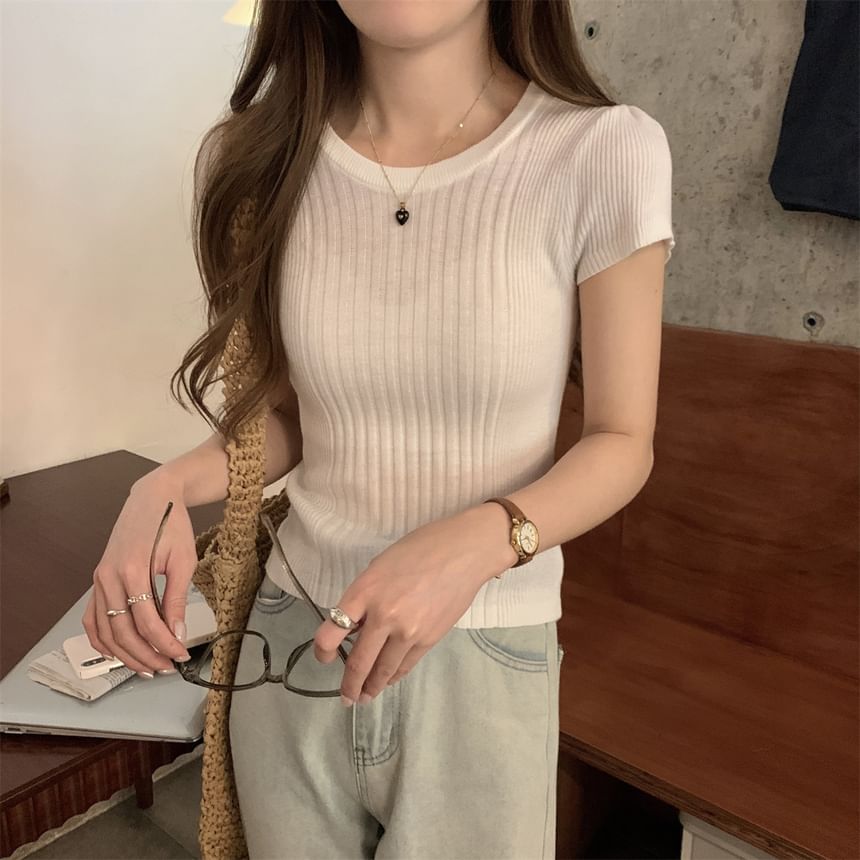 Ribbed Knit Plain Crew-Neck Short-Sleeved Top