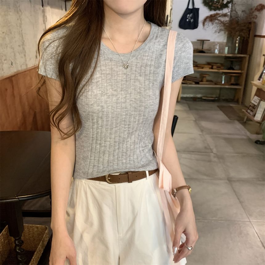 Ribbed Knit Plain Crew-Neck Short-Sleeved Top
