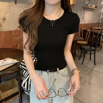 Ribbed Knit Plain Crew-Neck Short-Sleeved Top